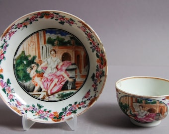 Rara taza y platillo de porcelana china de la Familia Rosa, de temática europea, Qianlong, siglo XVIII