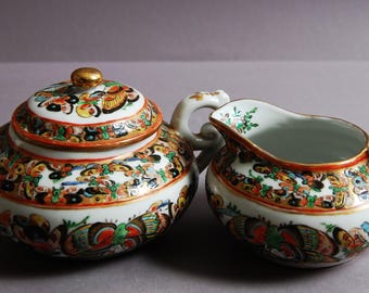 Antique Canton Porcelain Sugar Bowl & Milk Jar, Hundred Butterflies Pattern