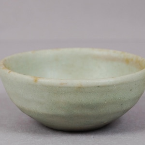 Peut inclure: Un petit bol rond en céramique vert pâle avec une surface légèrement texturée. Le bord présente une subtile coloration brun clair. Le design du bol est simple et minimaliste, adapté pour servir de petites portions.
