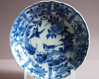 Ming Dynasty Kraak Porcelain Dish, Blue and White Birds and Blossoms
