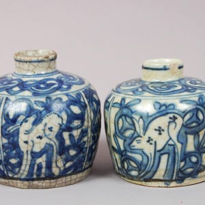 Chinesische Blau-Weiße Gläser, Hirschmotiv aus der Spät Ming Dynastie, Swatow Ware (ca. 1600) ・------------