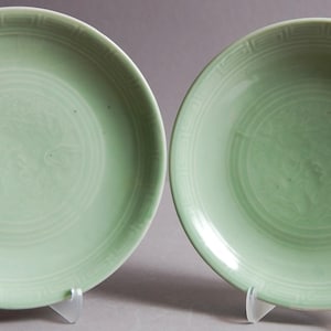 Könnte beinhalten: Zwei Teller aus Keramik in Celadon-Farbe. Jeder Teller hat ein kreisförmiges Design mit konzentrischen Ringen und einem dekorativen Rand. Die Teller werden auf transparenten Kunststoffständern präsentiert, die ihr elegantes Design hervorheben. Die Teller sind hellgrün.