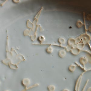 May include: A white ceramic plate with a delicate floral design. The design features white flowers and leaves on a light blue background.