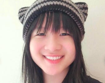 Crochet Striped Cat Ear Beanie Black and Gray: Y2k Kitty Hat, Cat Lover Gift