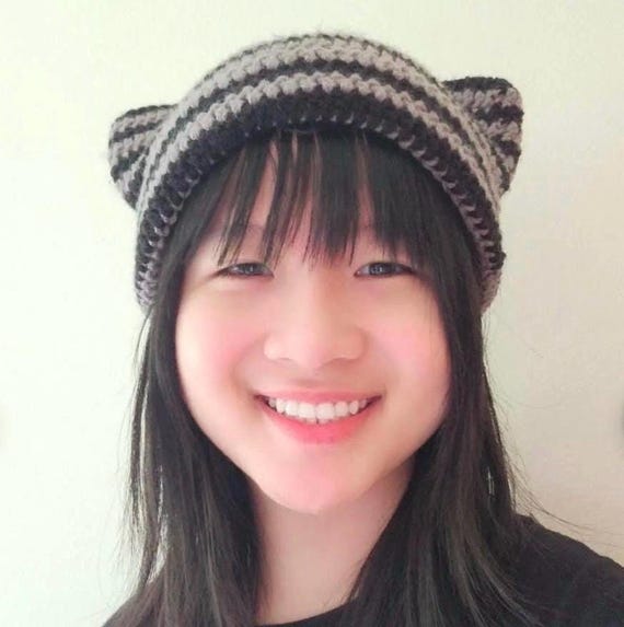 Crochet Striped Cat Ear Beanie Black and Gray: Y2k Kitty Hat  display picture 1