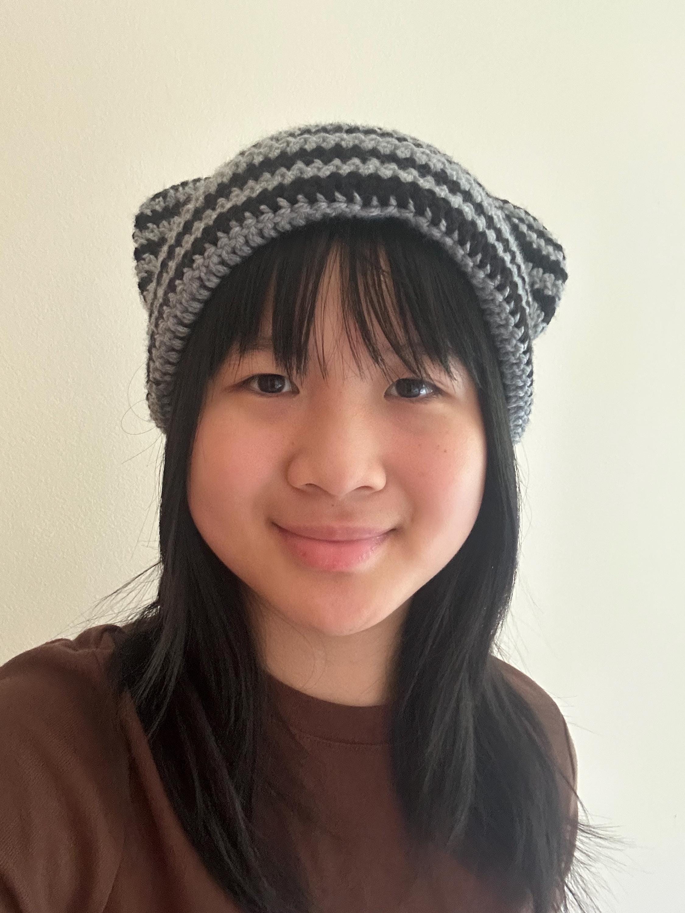 Gray and Black Striped Cat Ear Beanie with Jewelry Set Striped Cat Ear Beanie Hat - Black and Gray Stripes - Hand  main image 2