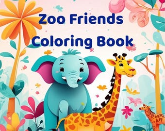 May include: A colorful illustration of a "Zoo Friends Coloring Book" with an elephant, giraffe, and zebra. The elephant is blue with pink ears, the giraffe is yellow with brown spots, and the zebra is orange and brown.