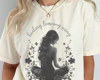 Selbstliebe motivierendes Boho Grafik T-Shirt, Heilung, Lernen, Rising T-Shirt, Womens Inspirational TShirt, Wildblumen und Schmetterling Shirt