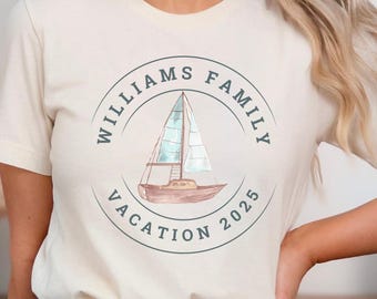 Aquarell Segelboot Personalisierte Familienferien T-Shirts für 2025, personalisiertes Familiennamen-Shirt, passendes ästhetisches T-Shirt für Familienfischer