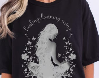 Selbstliebe motivierendes Boho Grafik T-Shirt, Heilung, Lernen, Rising T-Shirt, Womens Inspirational TShirt, Wildblumen und Schmetterling Shirt