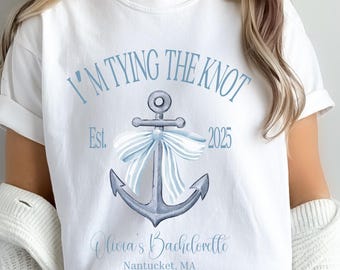 Personalisierte Blaue Schleife Kokette Wasseranker Passende Junggesellinnenabschiede Shirts, Passende Fischer Ästhetik Bach T-Shirts in weichem Blau