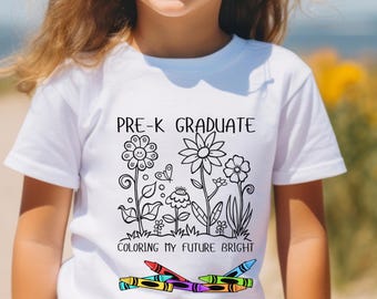 Floral Pre-K graduierte Malseite T-Shirt, Farbe mein zukünftiges helles Hemd, Jahresendefeier, Vorschulabschluss, Prek graduiertes Geschenk