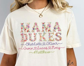 Komfort Farben Blumen Shirt für Mama personalisierte Kinder Namen Shirt für Mama Shirt für Muttertag Geschenk für Mama Geschenk für Geburtstag Geschenk Mama