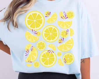 Lemons T-shirt, Citrus splash graphic tee, vibrant fruit tshirt, cottagecore summer fruit shirt, hand-drawn spring fruit comfort colors top