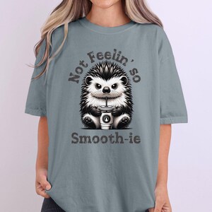 May include: A light blue t-shirt with a cartoon hedgehog drinking a smoothie. The text on the shirt reads "Not feelin' so smooth-ie".