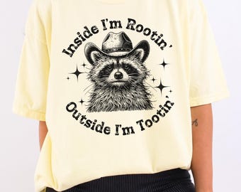Lustiges Vintages Western-Waschbär-T-Shirt, innen bin ich Rootin draußen, sarkastisches Waschbär-T-Shirt, Fart Humor