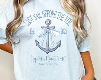 Personalisierte Nautische Passende Junggesellinnenabschied-T-Shirts, Letztes Segel vor dem Schleier, Fischer Aesthetic Bach T-Shirts, Coquette Anchor T-Shirt