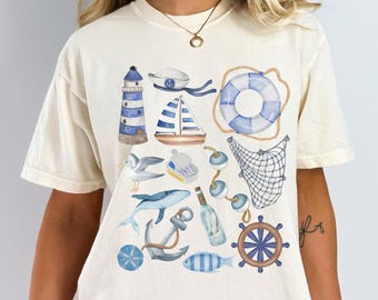 Fischer Ästhetisches Wassert-shirt, Aquarellanker und Wasserartikelt-shirt, Aquarell-Küstenstrand-Liebhaber-Komfortfarben-T-Stück