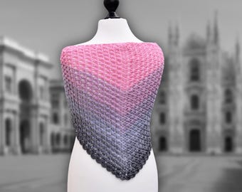 Flat triangular shawl crocheted from gradient yarn - Grey shoulder shawl MILAN with pink accents