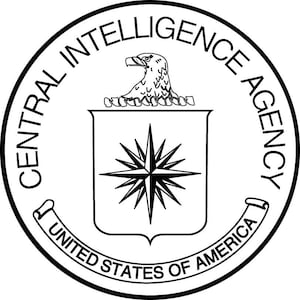 May include: Black and white illustration of the official seal of the Central Intelligence Agency (CIA). The seal features a stylized eagle with a starburst in the center, surrounded by the text "Central Intelligence Agency" and "United States of America".