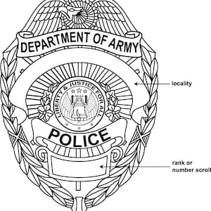 Insignia de policía del Departamento del Ejército, insignia, archivo vectorial, blanco y negro, contorno, archivo cortado con láser, archivo de grabado láser, archivo cortado con vinilo, arte digital