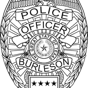 Burleson Texas Police TX PD, badge, Vector file, black white, Outline, Laser cut file, laser engraving file, vinyl cut file, digital art