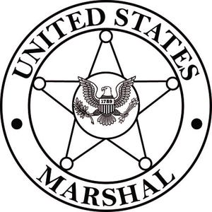 May include: Black and white United States Marshal seal. The seal features a five-pointed star with an eagle in the center, the year 1789, and the words "United States Marshal" encircling the star.
