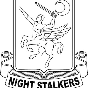 May include: Black and white line drawing of a winged horse with a rider holding a sword. The rider is facing right and the horse is running. The image is set against a shield with a crescent moon above. The text "NIGHT STALKERS" is on a scroll below the shield.