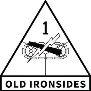 May include: Black and white graphic of a triangle with the number "1" at the top. Inside the triangle is a tank with a lightning bolt. Below the triangle is the text "OLD IRONSIDES".