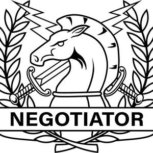 May include: Black and white emblem featuring a horse head, swords, lightning bolts, and laurel branches. The word "NEGOTIATOR" is displayed in a rectangular banner at the bottom of the design. The design is a crest or logo.