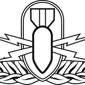 May include: A black and white graphic emblem featuring a central vertical bomb icon enclosed within an oval, flanked by two horizontal lightning bolts, and framed by a detailed laurel wreath extending from the base to the sides of the design.