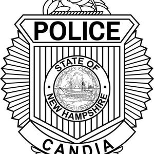 Departamento de policía de Candia, NH, New Hampshire, insignia, archivo vectorial, blanco y negro, contorno, archivo cortado con láser, archivo de grabado con láser, corte de vinilo