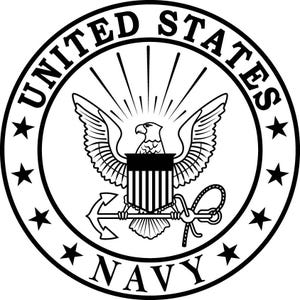 May include: Black and white United States Navy emblem. The circular design features an eagle with outstretched wings, an anchor, and the text "UNITED STATES NAVY" around the perimeter, with stars interspersed.