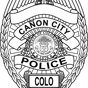 Departamento de policía de Canon City, Colorado, insignia, archivo vectorial, blanco y negro, contorno, archivo cortado con láser, archivo de grabado láser, archivo cortado con vinilo