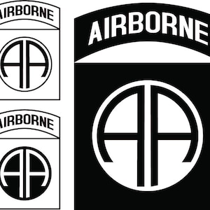 May include: A graphic design featuring three variations of the 82nd Airborne Division insignia. Each emblem consists of a black arch with the white text AIRBORNE above a square containing a circle with the letters AA in a bold, black font.