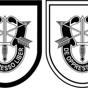 May include: Two black and white shield-shaped emblems featuring a central dagger crossed with two arrows. A curved banner at the bottom displays the text DE OPPRESSO LIBER. The left emblem has a thick black border, while the right has a thin outline.