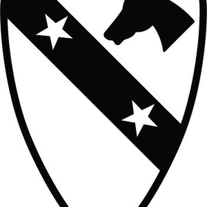 May include: A shield-shaped emblem featuring a black diagonal band across a white background. The band contains two white five-pointed stars. A black silhouette of a horse head is positioned in the upper right section of the white shield.