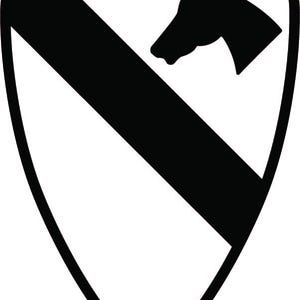 May include: Black and white shield-shaped emblem. A black diagonal stripe bisects the shield. A black horse head silhouette is in the upper right corner. The emblem has a black border and a white background.