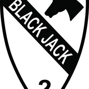 May include: A shield-shaped emblem featuring a black and white design. A diagonal black stripe contains the text BLACK JACK in white capital letters. Above the stripe is a black horse head silhouette, and below the stripe is the black number 2.
