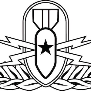 May include: A black and white graphic emblem featuring a central bomb icon with a star, crossed by two lightning bolts, all enclosed within an oval frame and flanked by two symmetrical laurel wreaths on the left and right sides.