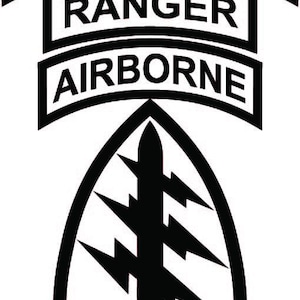 May include: Black and white graphic of a military emblem. The emblem features the words "SPECIAL FORCES", "RANGER", and "AIRBORNE" in a stacked arrangement. Below the text is a black arrowhead shape with a sword and lightning bolts.