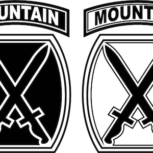 May include: Two versions of a black and white emblem. The emblem features two crossed swords within an oval frame. Above the oval is a banner with the word "MOUNTAIN" in bold, white letters.
