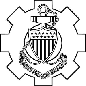 May include: Black and white graphic of a gear-shaped emblem. The emblem features an anchor, a shield with stars and stripes, and chains. The design is a stylized representation, likely for a military or nautical theme.