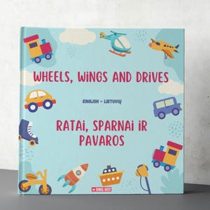 パーソナライズされたバイリンガルブック、車とトラック、カスタムブックのイラスト、私の最初の言葉、子供への贈り物、バイリンガルベビーブック、学習