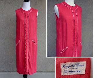 Vintage MCM Moygashel linen pink & white sleeveless shift dress, taiored by McMullen, vintage size 12