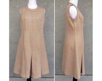 Vintage MCM Kay Windsor mod sleeveless dress, tan / brown / beige, approx. 39 bust, medium