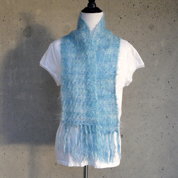 Vintage Barbara A Kinahan mohair scarf, blue / teal, 5-1/2" x 46" + 5" fringe, made in USA