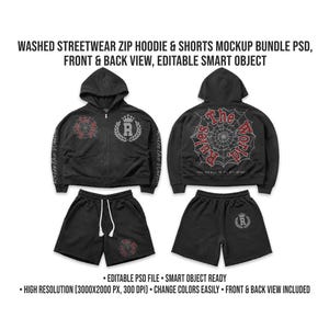 May include: A black zip-up hoodie and shorts set featuring graphic prints. The hoodie displays a crown and letter R logo on the front and a spiderweb design with the text Rules The World on the back. The shorts include a drawstring and logo detail.