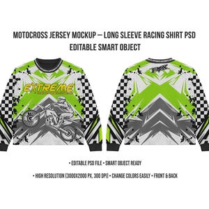 Motocross Jersey Mockup – Long Sleeve Racing Shirt PSD, Front & Back View, Editable Smart Object