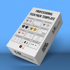 May include: A white box with the text "PROFESSIONAL TECH PACK TEMPLATE" in black. The box displays various fashion design templates and the words "AI PDF" and "FASHION TECH PACK". The background is a gradient of blue.